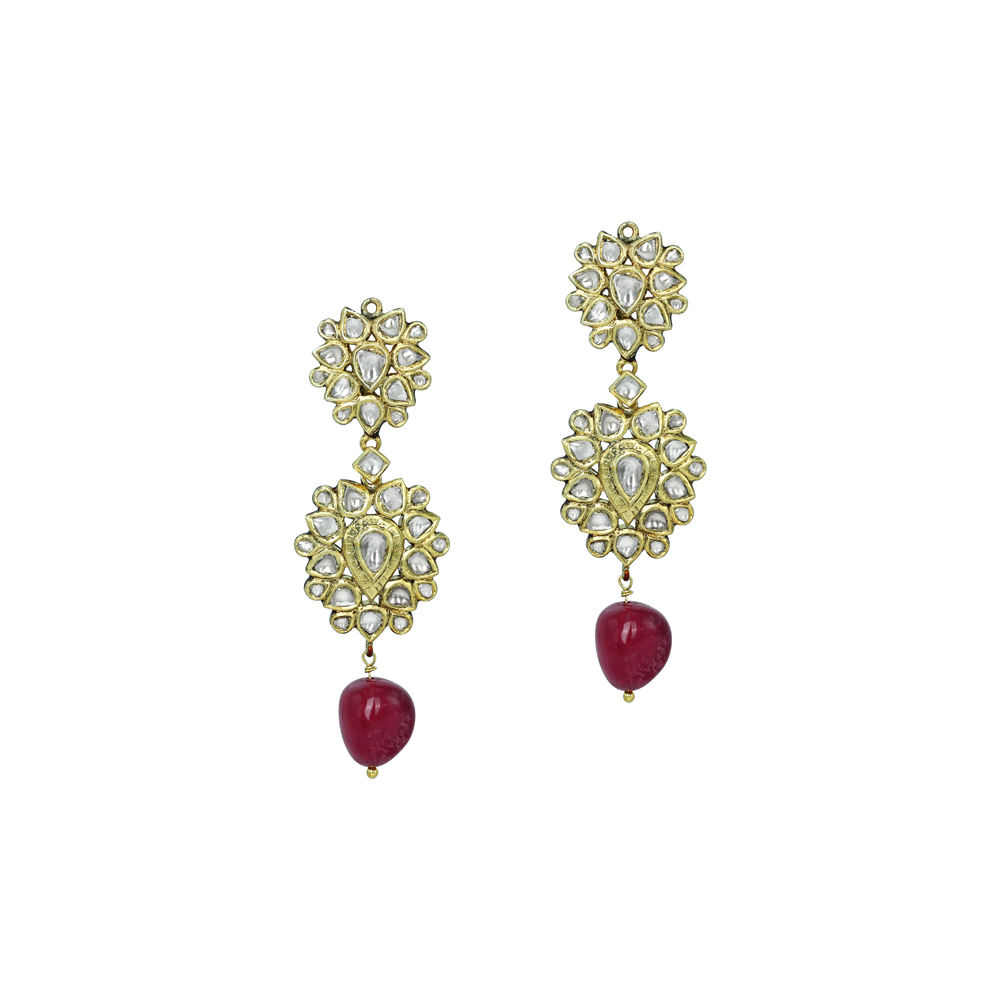 Dual Floral Polki Earrings with Tourmaline Drops
